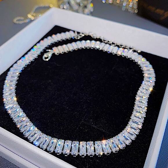 STERLING SILVER DIAMOND ZIRCON RHINESTONE CHOKER NECKLACES - Picture 7 of 8